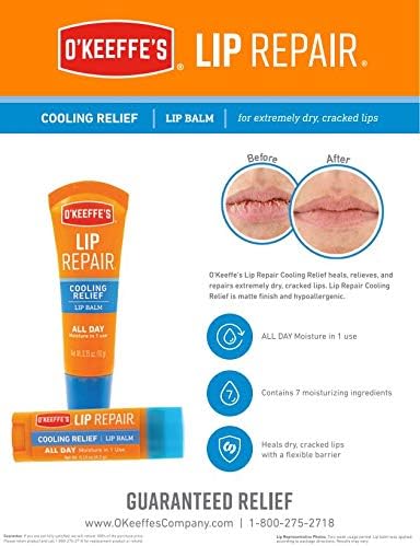O'Keeffe's Cooling Relief Lip Repair Lip Balm for Dry Cracked Lips, Instant Cooling Relief, Seven Moisturizing Ingredients, 4.2g/0.15oz Stick, (Pack of 1)
