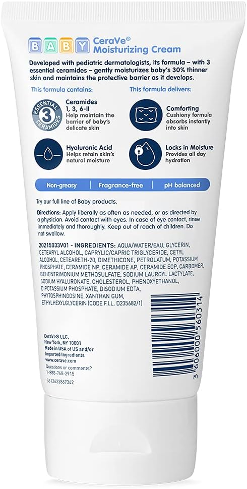 CeraVe Baby Cream | Gentle Moisturizing Cream with Ceramides | Fragrance, Paraben, Dye & Phthalates Free | Rich & Non-Greasy Feel | Gentle Baby Skin Care | 5 Ounce