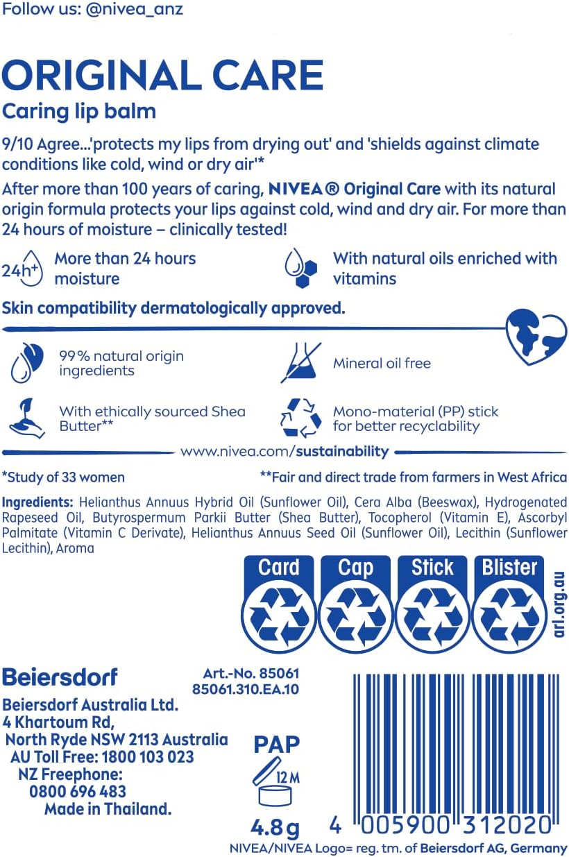 NIVEA Lip Balm Original Care 4.8g, Protective Lip Moisturiser with Shea Butter and Natural Oils, Caring Lip Balm for 24h Moisture Care, Lip Care with Melt-In Formula