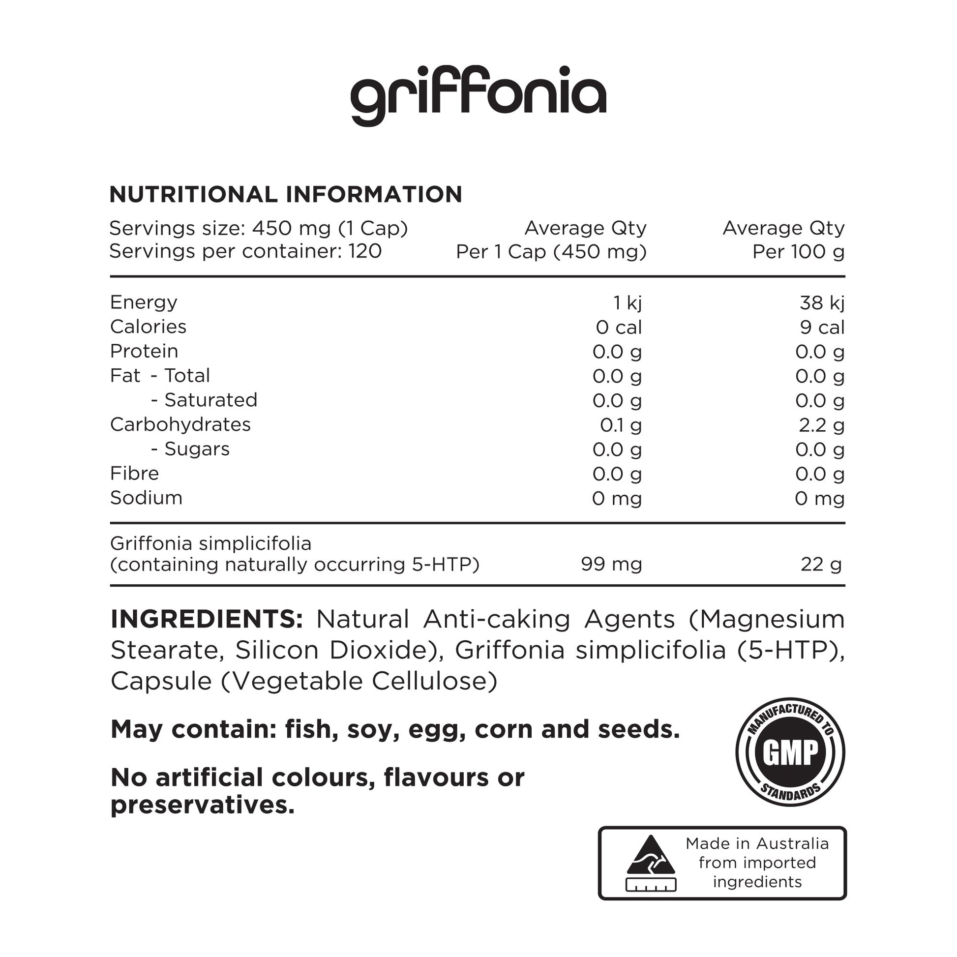 Nutrition information panel for griffonia showing 120 caps from Switch Nutrition.
