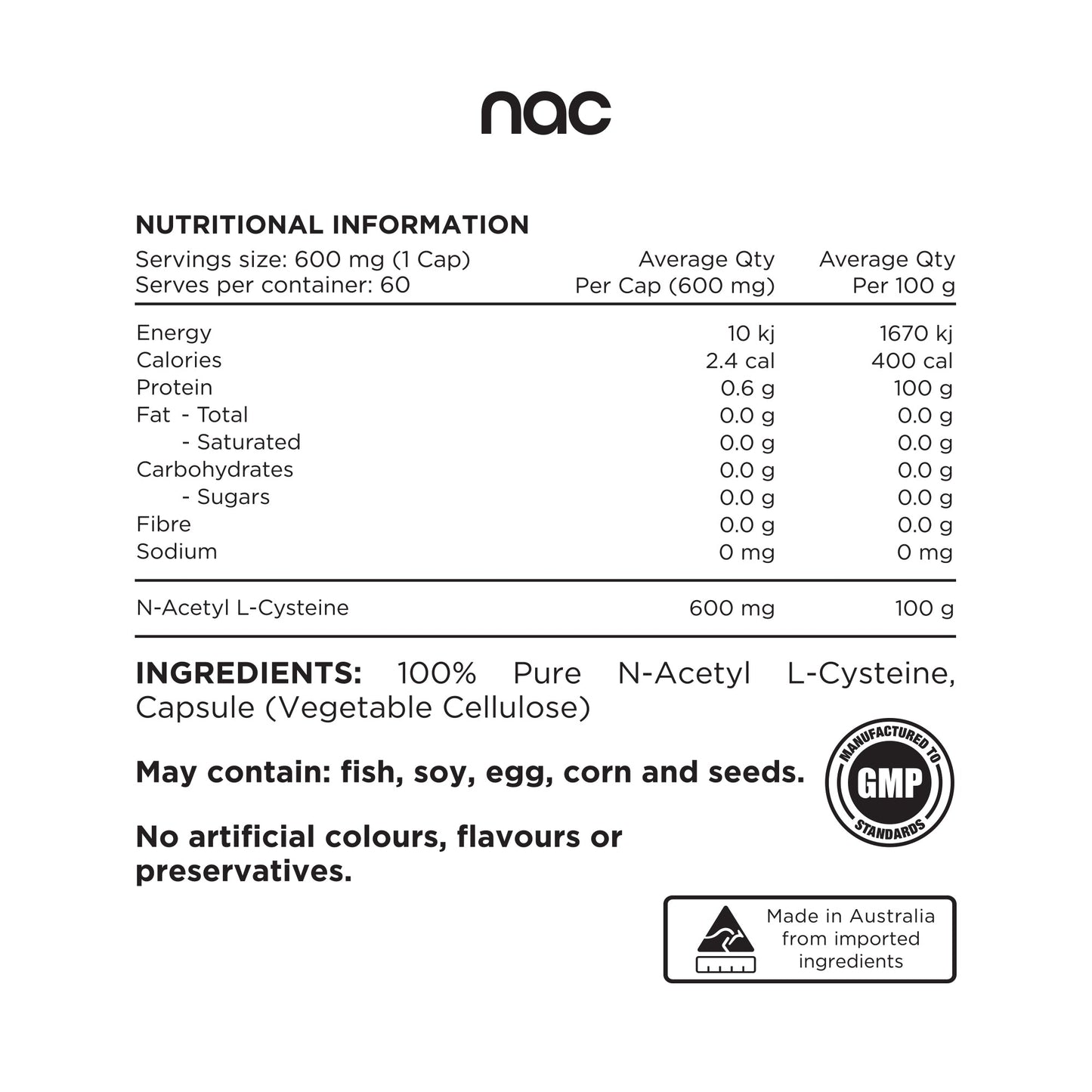Nutritional label of Switch Nutrition NAC supplement showing 600 mg N-Acetyl L-Cysteine per capsule and free from artificial colours, flavours, or preservatives.