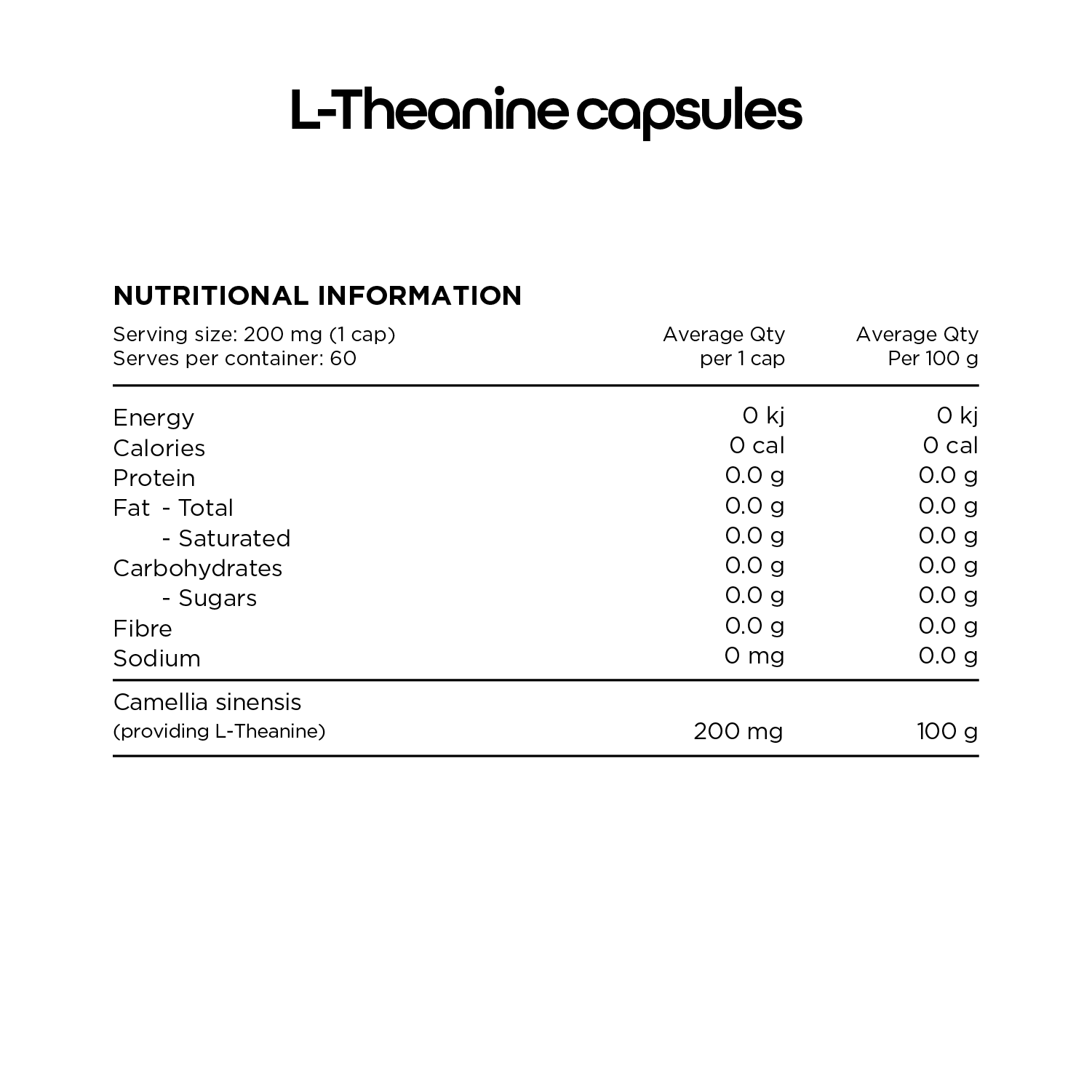 Nutrition information panel of L-theanine caps from Switch Nutrition.