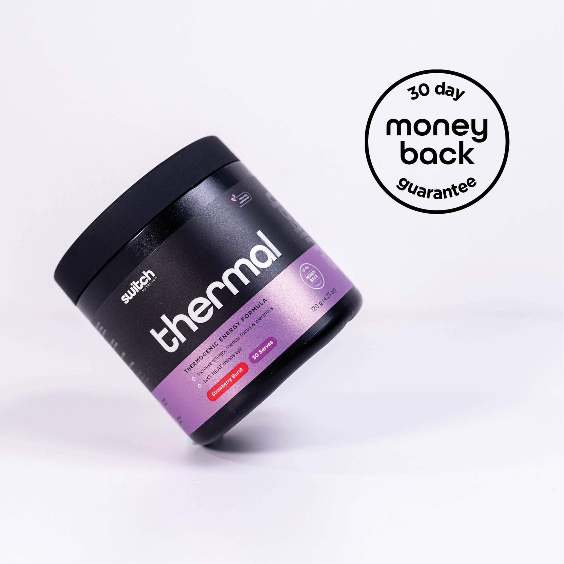 A jar of Switch Nutrition Thermal supplement with a purple label, featuring a '30-day money-back guarantee' badge on a white background, emphasising customer satisfaction.
