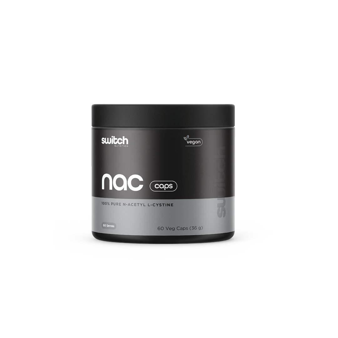Switch Nutrition NAC 100% Pure N-Acetyl L-Cysteine 36g (60 Veg Caps) - Vegan-friendly supplement designed to support liver function, detoxification, and antioxidant production. Comes in a black container