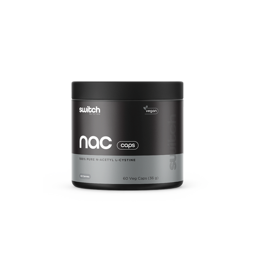 Switch Nutrition NAC 100% Pure N-Acetyl L-Cysteine 36g (60 Veg Caps) - Vegan-friendly supplement designed to support liver function, detoxification, and antioxidant production. Comes in a black container