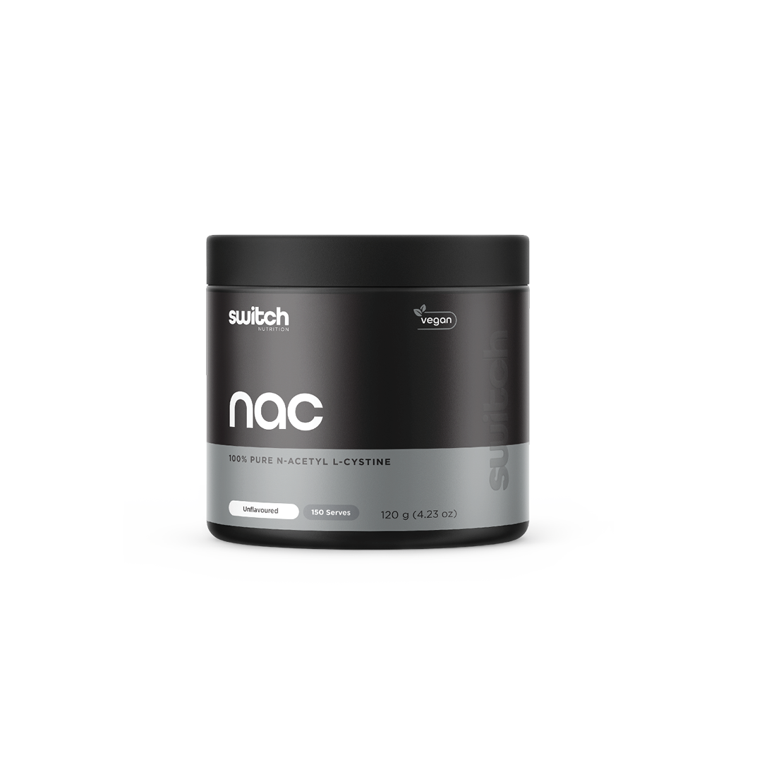 Switch Nutrition NAC 100% Pure N-Acetyl L-Cysteine Unflavoured 120g (150 Serves) - Vegan-friendly supplement designed to support liver function, detoxification, and antioxidant production. Comes in a black container.
