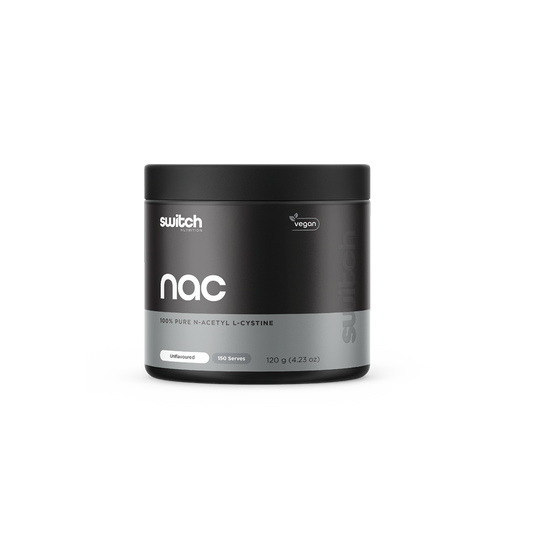 Switch Nutrition NAC 100% Pure N-Acetyl L-Cysteine Unflavoured 120g (150 Serves) - Vegan-friendly supplement designed to support liver function, detoxification, and antioxidant production. Comes in a black container.