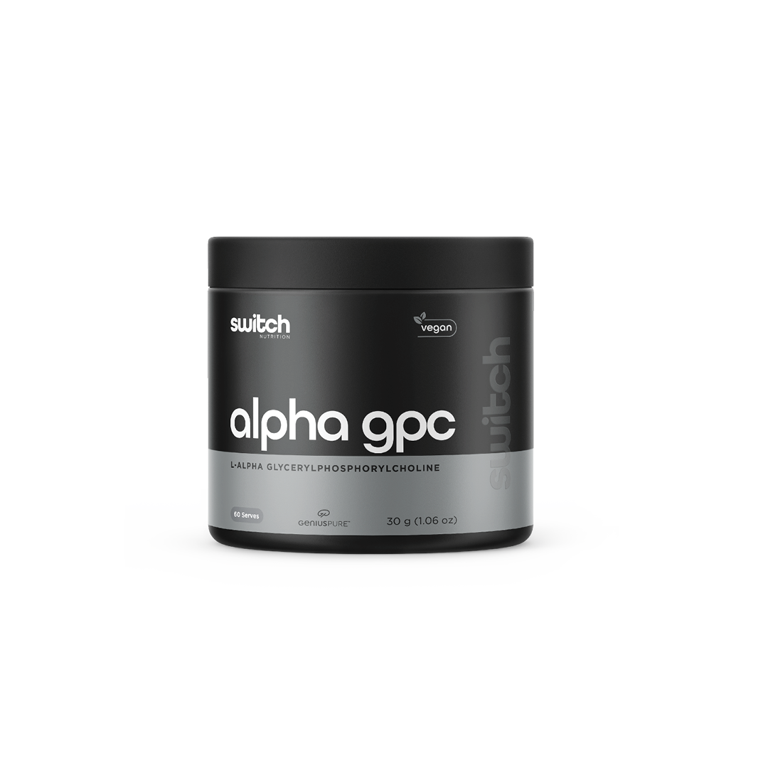 A black container labeled 'alpha gpc' with the subtext 'L-Alpha Glycerylphosphorylcholine' from Switch Nutrition, marked as vegan, offering 60 serves at 30 grams (1.06 oz).