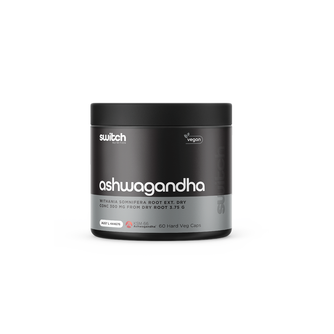 Container of Switch Nutrition Ashwagandha, vegan, featuring KSM-66® Ashwagandha root extract, with 60 hard vegetable capsules.