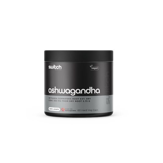 Container of Switch Nutrition Ashwagandha, vegan, featuring KSM-66® Ashwagandha root extract, with 60 hard vegetable capsules.