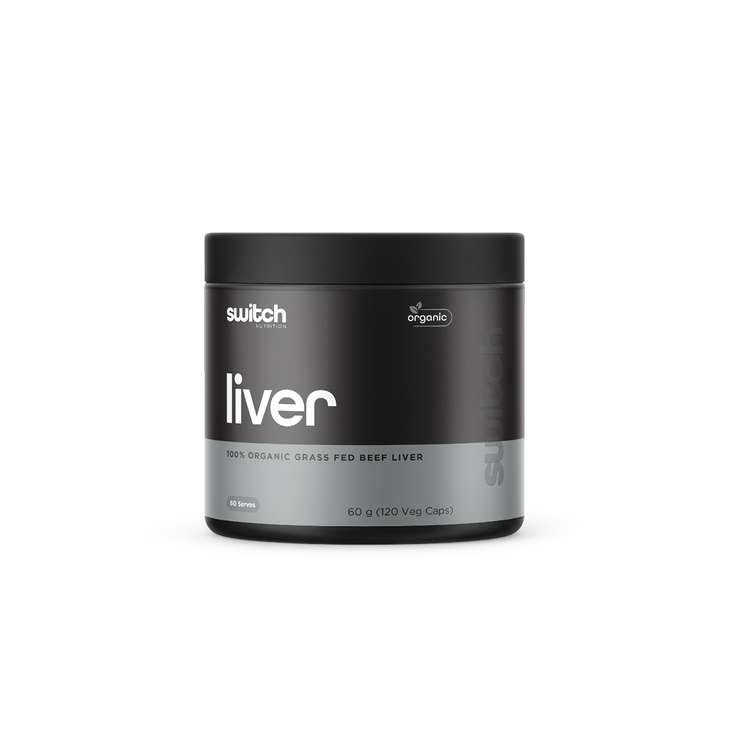 Switch Nutrition Liver 100% Organic Grass Fed Beef Liver 60g (120 Veg Caps) - Organic supplement designed to support overall health and vitality with nutrients from grass-fed beef liver. Comes in a black container
