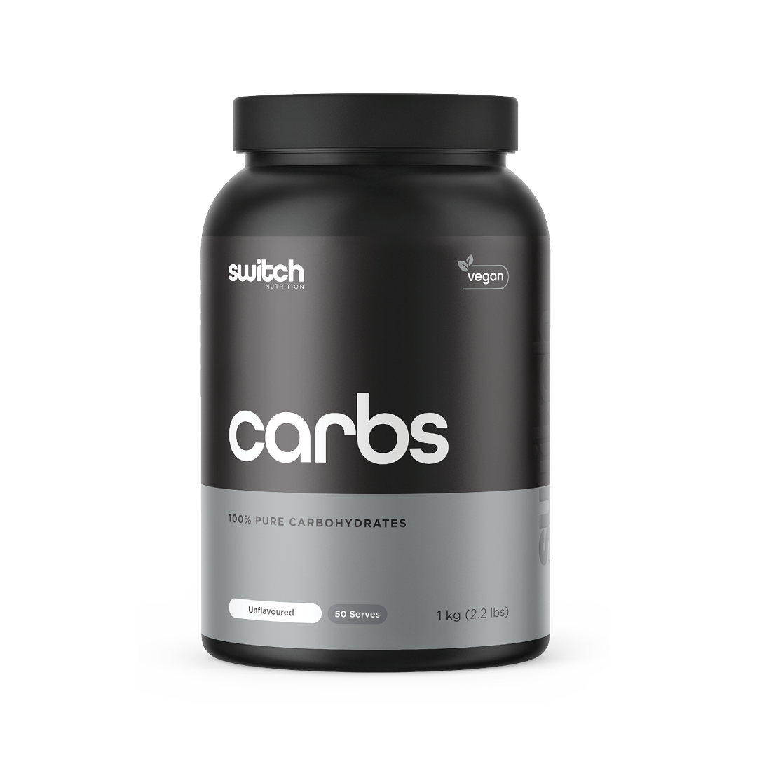 Switch Nutrition Carbs 100% Pure Carbohydrates Powder Unflavoured 1kg (50 Serves) - Vegan-friendly supplement for energy and performance.