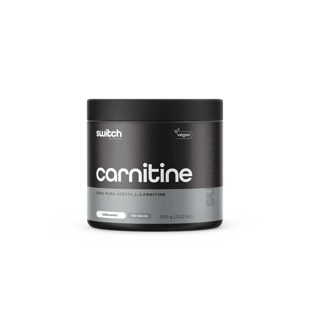 Switch Nutrition Carnitine 100% Pure Acetyl L-Carnitine Unflavoured 100g (100 Serves) - Vegan-friendly supplement designed to support energy production and fat metabolism. Comes in a black container