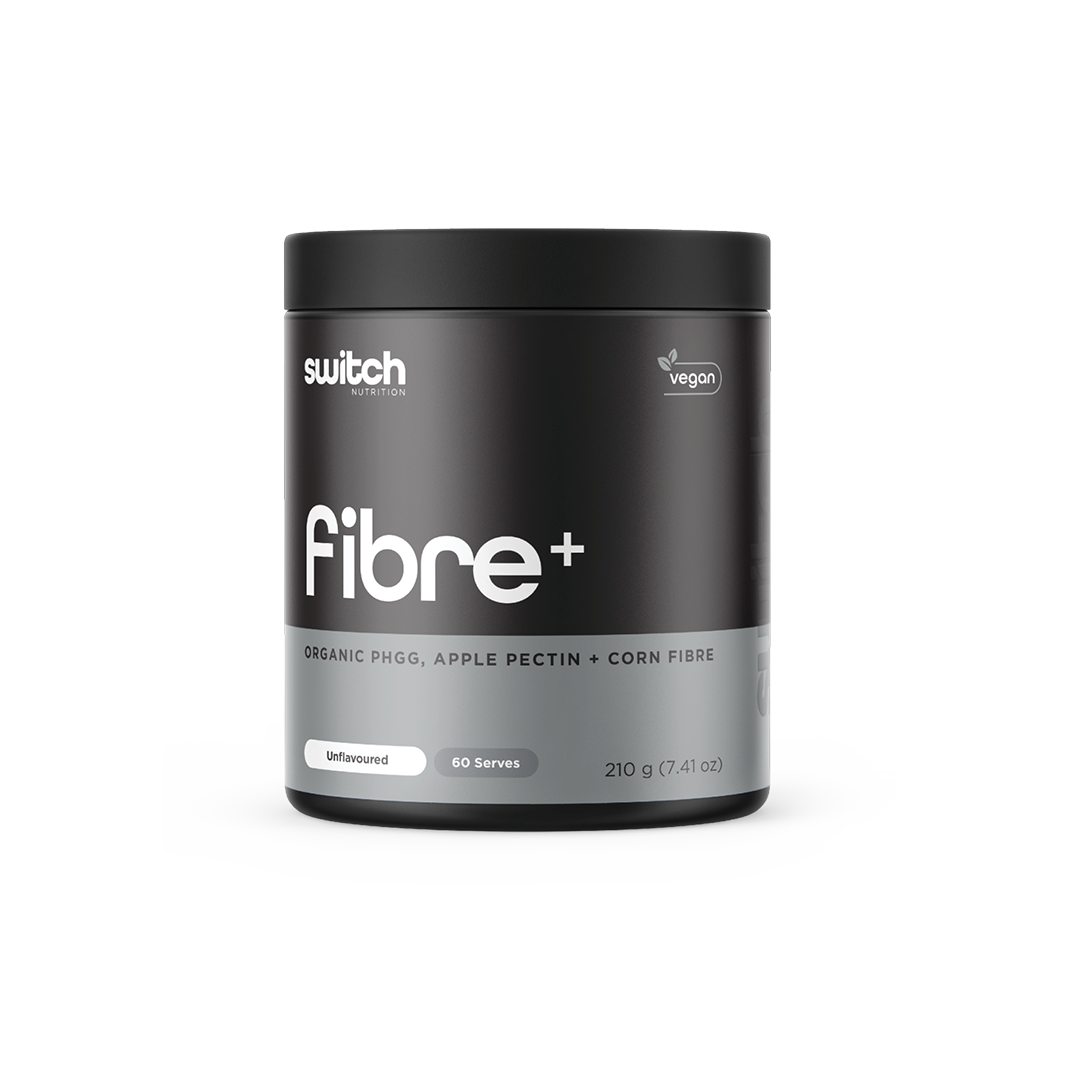 Switch Nutrition Fibre+ Organic PHGG, Apple Pectin, and Corn Fibre Unflavoured Powder 210g (60 Serves) - Vegan-friendly soluble fiber supplement designed to support digestive health, promote a healthy microbiome, and aid in weight management. Comes in a black container