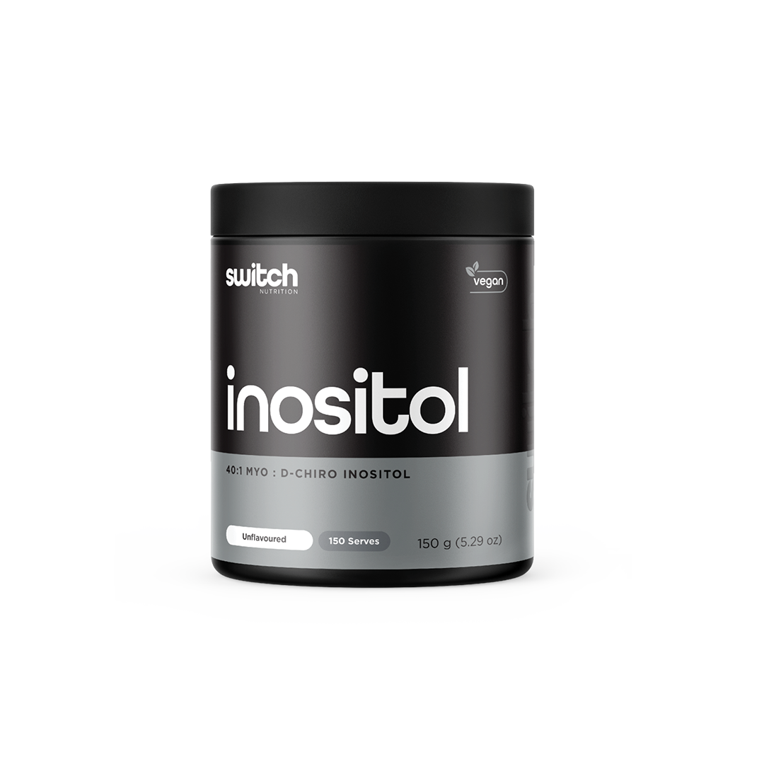 A container of "Switch Nutrition" inositol supplement, 40:1 Myo to D-Chiro ratio, vegan, unflavored, 150 serves, 150g. Transparent background.