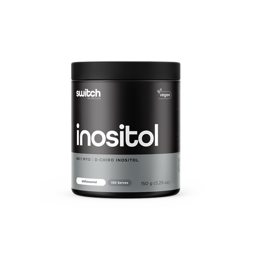 A container of "Switch Nutrition" inositol supplement, 40:1 Myo to D-Chiro ratio, vegan, unflavored, 150 serves, 150g. Transparent background.
