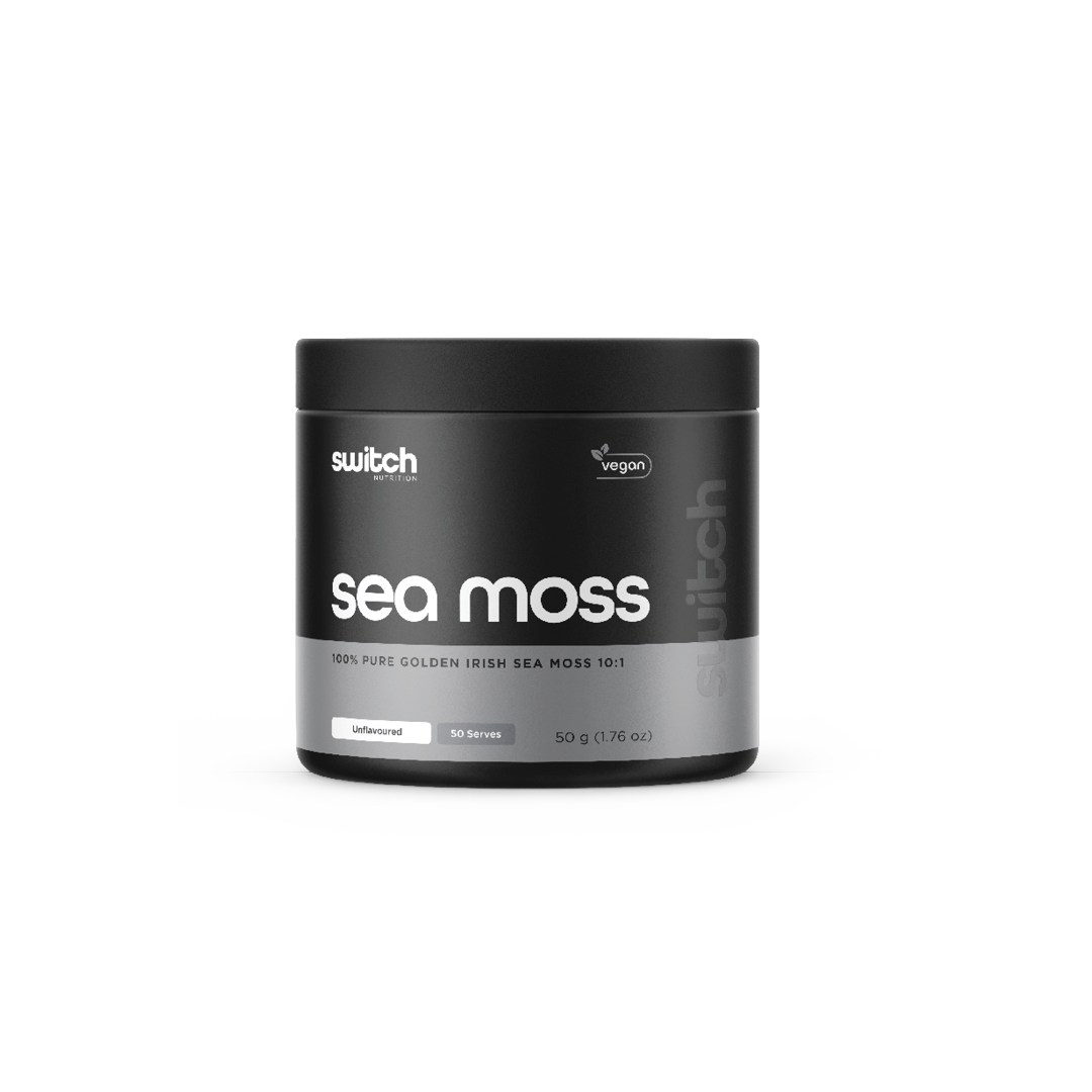 Container of Switch Nutrition Sea Moss, vegan, unflavoured, with 50 servings of 100% pure golden Irish sea moss powder.