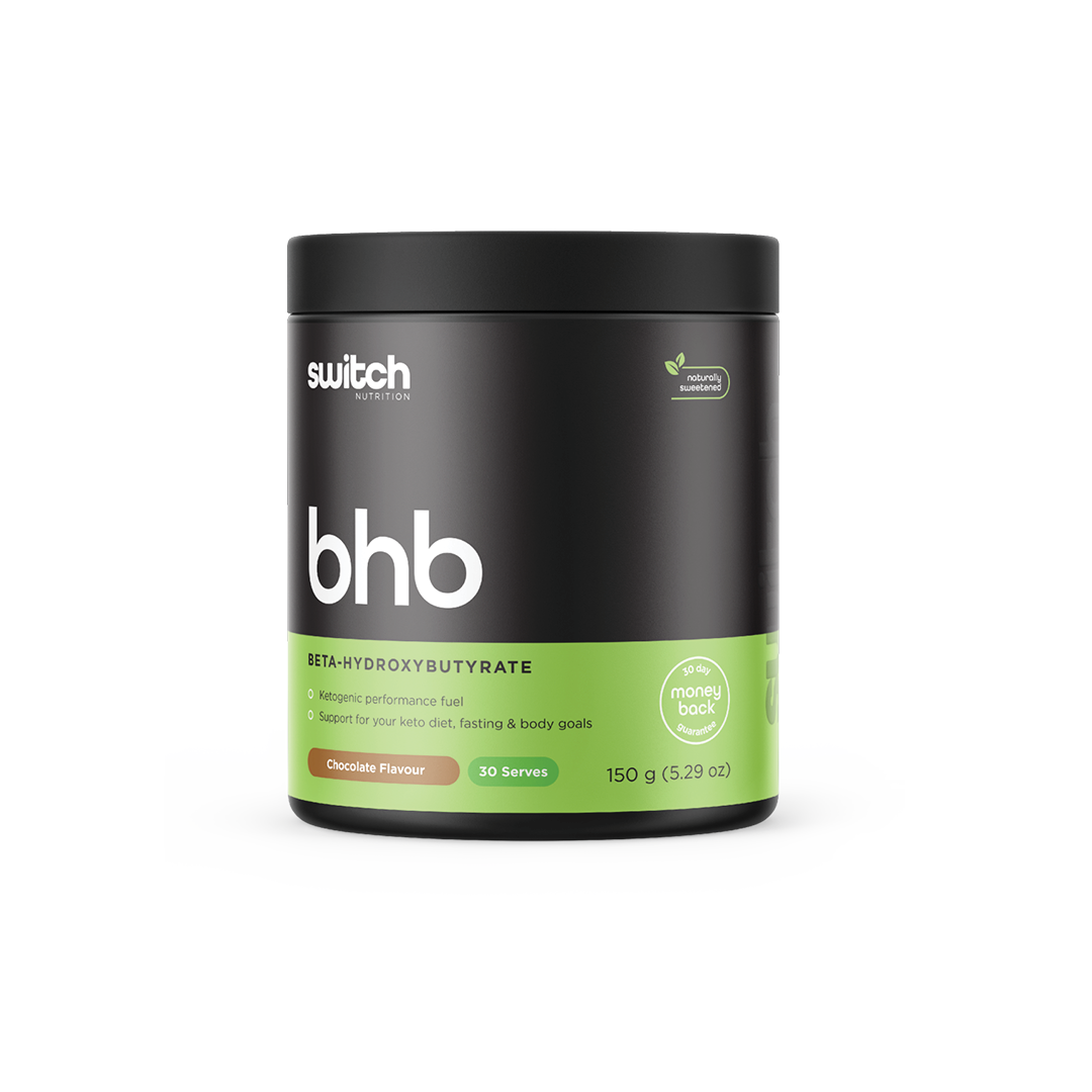 Switch Nutrition's Keto container, BHB ketogenic performance fuel, chocolate-flavoured with 30 servings, supporting keto diet, fasting, and body goals.