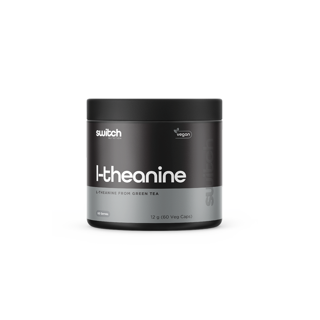 A container of L-theanine supplements with the brand name 'switch' visible. The container is black with white and green labeling and text that reads 'L-theanine, amino acid from green tea, 120 vegan caps.'