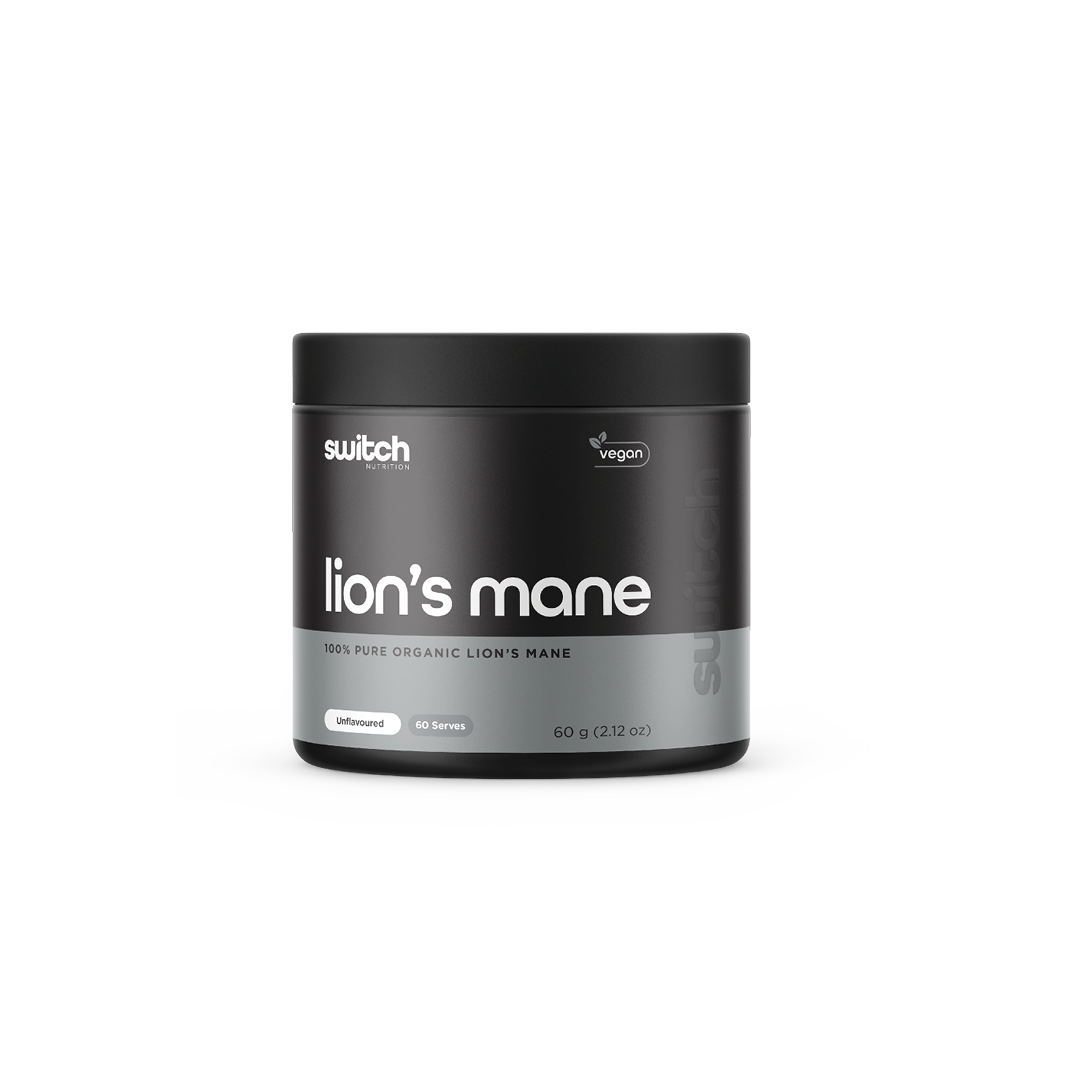 Switch Nutrition Lion's Mane 100% Pure Organic Lion's Mane Unflavoured 60g (60 Serves) - Vegan-friendly supplement designed to support cognitive function and overall brain health. Comes in a black container.