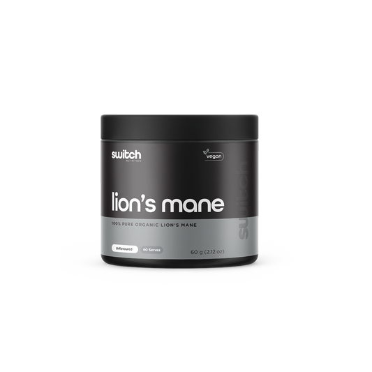 Switch Nutrition Lion's Mane 100% Pure Organic Lion's Mane Unflavoured 60g (60 Serves) - Vegan-friendly supplement designed to support cognitive function and overall brain health. Comes in a black container.