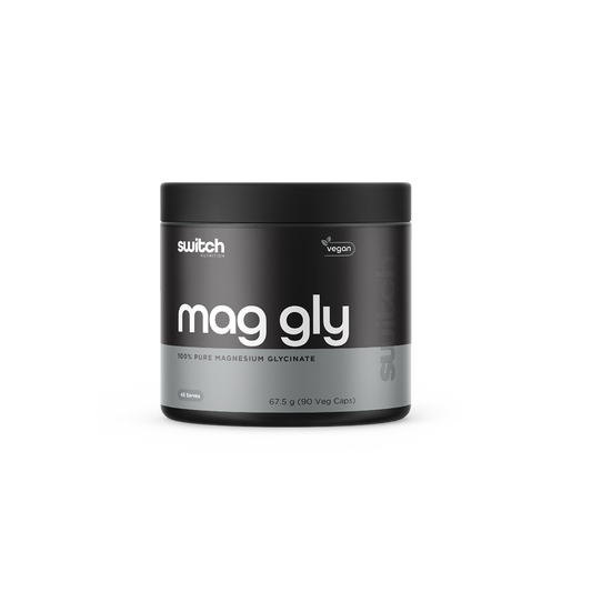 Switch Nutrition Mag Gly 100% Pure Magnesium Glycinate 67.5g (90 Veg Caps) - Vegan-friendly supplement designed to support muscle relaxation, sleep, and overall health. Comes in a black container.