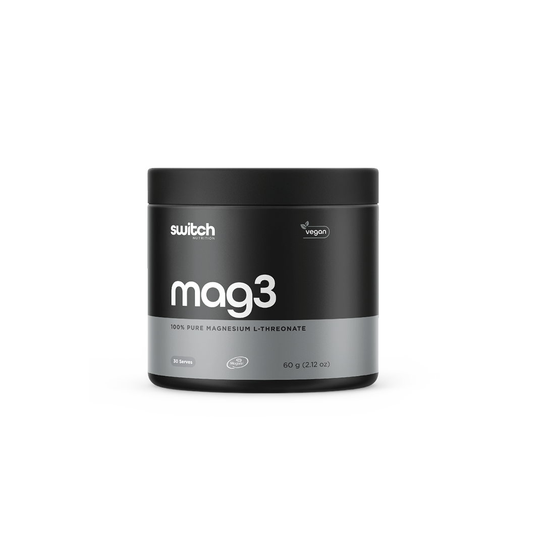 Switch Nutrition Mag3 Magnesium L-Threonate Powder - 100% pure magnesium L-threonate supplement in a sleek black and gray 60g container with vegan certification. Provides 30 servings, designed to support brain health, cognitive function, and relaxation. Ideal for those seeking a premium magnesium supplement in a vegan-friendly format.