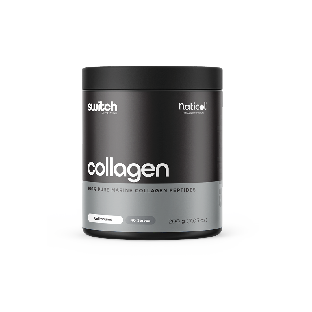 A jar of "Switch Nutrition" brand collagen supplement. The label indicates it is "100% Pure Marine Collagen Peptides," unflavored, contains 40 servings, and the net weight is 200 g (7.05 oz). The jar also features the "Naticol" branding, suggesting that it contains their type of collagen peptides.