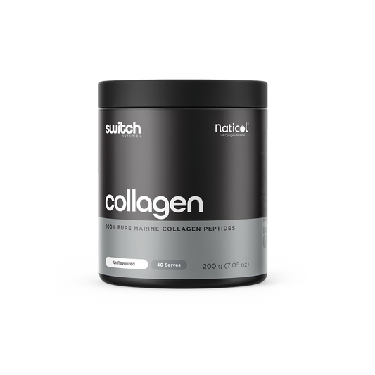 A jar of "Switch Nutrition" brand collagen supplement. The label indicates it is "100% Pure Marine Collagen Peptides," unflavored, contains 40 servings, and the net weight is 200 g (7.05 oz). The jar also features the "Naticol" branding, suggesting that it contains their type of collagen peptides.