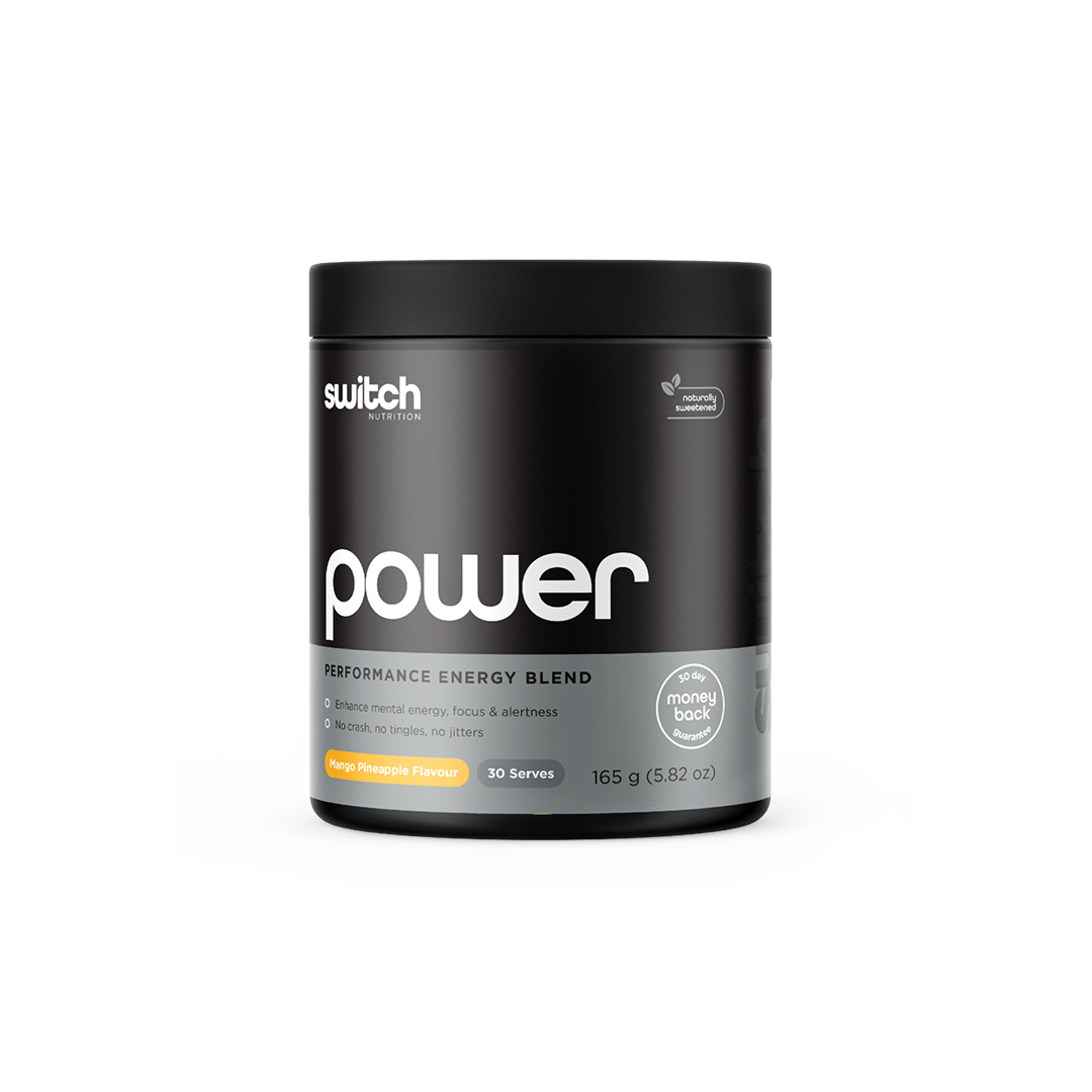 Black container of Switch Nutrition 'power' Performance Energy Blend in Red Raspberry flavor, offering 30 serves, with promises to enhance mental energy, focus, and alertness without crashes, tingles, or jitters.