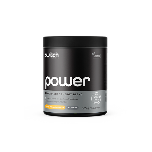 Black container of Switch Nutrition 'power' Performance Energy Blend in Red Raspberry flavor, offering 30 serves, with promises to enhance mental energy, focus, and alertness without crashes, tingles, or jitters.
