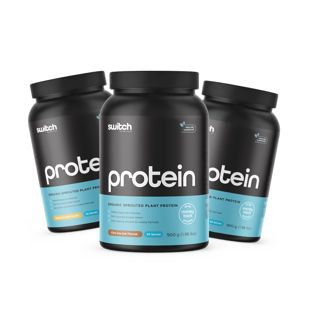 Three tubs of Switch Nutrition Protein labeled 'Organic Sprouted Plant Protein'with a '30-day money back guarantee' and '#1 plant protein' badge, containing 30 servings at 900g per tub.