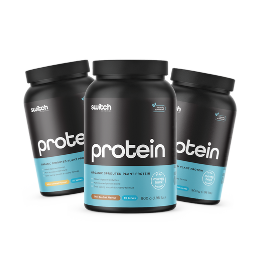 Three tubs of Switch Nutrition Protein labeled 'Organic Sprouted Plant Protein'with a '30-day money back guarantee' and '#1 plant protein' badge, containing 30 servings at 900g per tub.