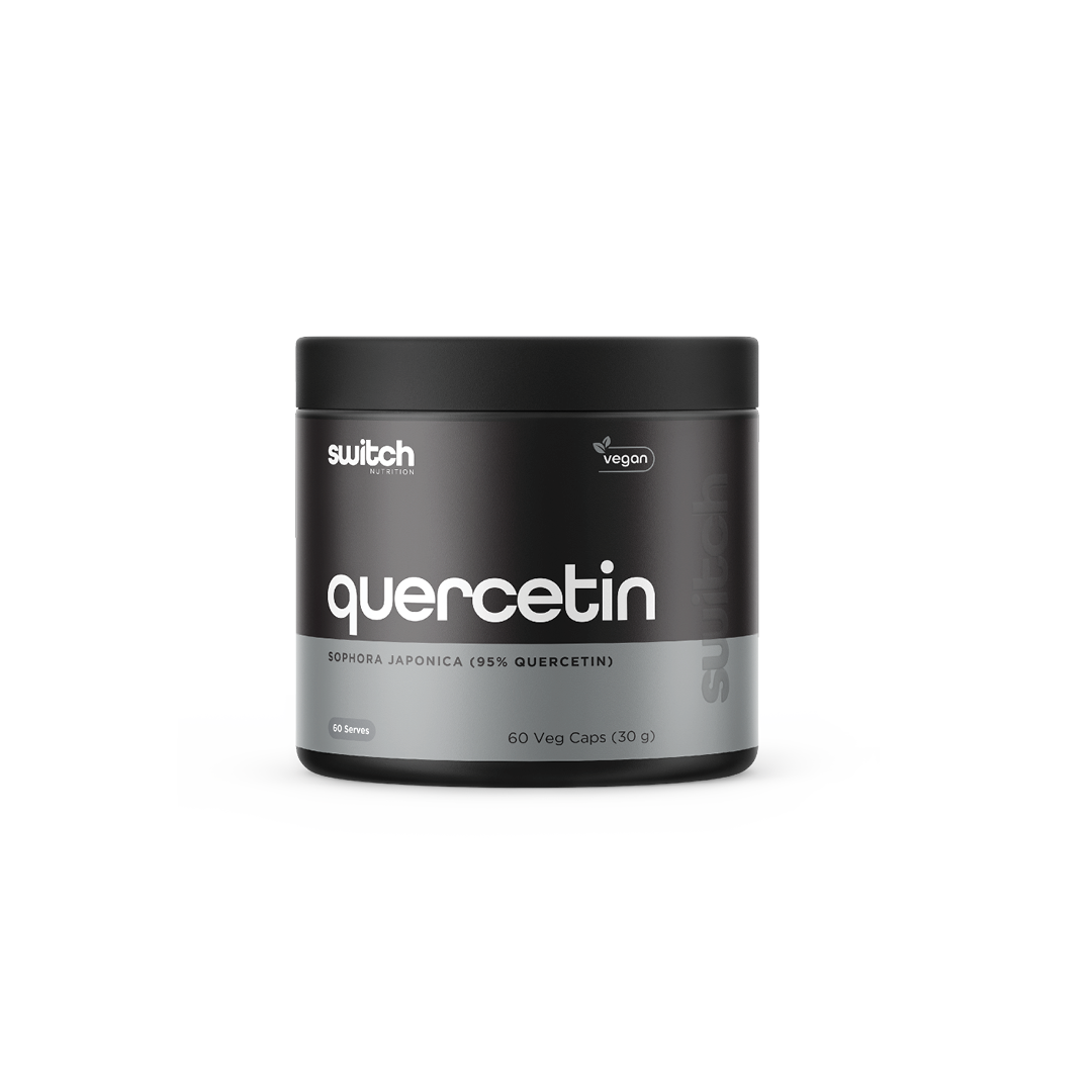 Switch Nutrition Quercetin Sophora Japonica (95% Quercetin) 30g (60 Veg Caps) - Vegan-friendly supplement designed to support immune health and reduce inflammation. Comes in a black container.