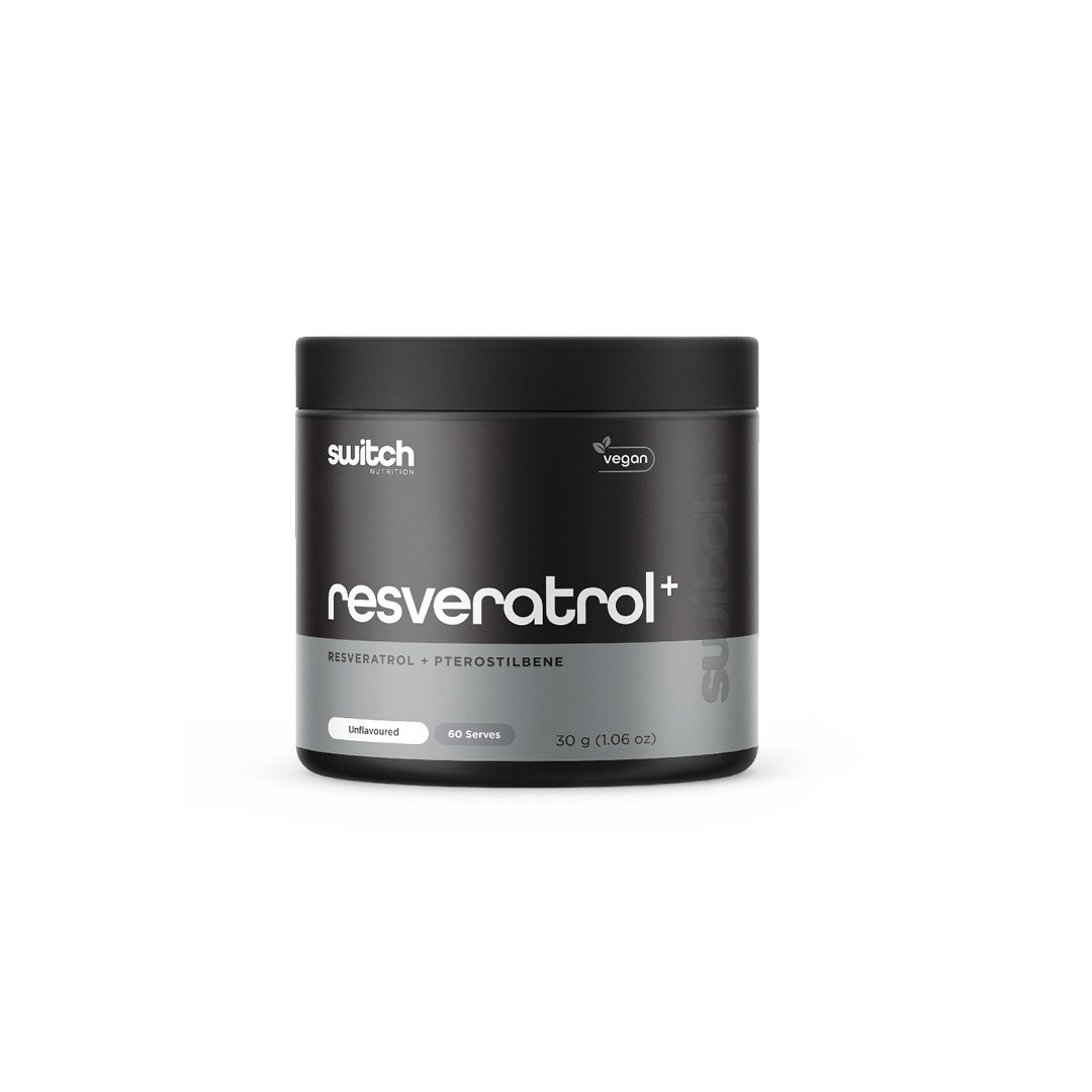 Switch Nutrition Resveratrol+ Resveratrol + Pterostilbene Unflavoured 30g (60 Serves) - Vegan-friendly supplement designed to support cellular health and anti-aging benefits. Comes in a black container.