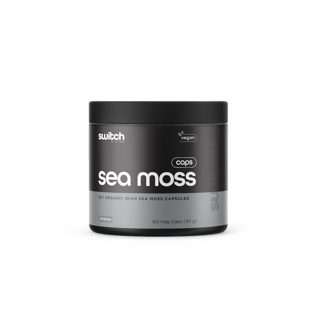 Switch Nutrition Sea Moss 10:1 Organic Irish Sea Moss Capsules 60 Veg Caps (30g) - Vegan-friendly capsules designed to support overall health and wellness. Comes in a black container.