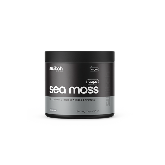 Switch Nutrition Sea Moss 10:1 Organic Irish Sea Moss Capsules 60 Veg Caps (30g) - Vegan-friendly capsules designed to support overall health and wellness. Comes in a black container.