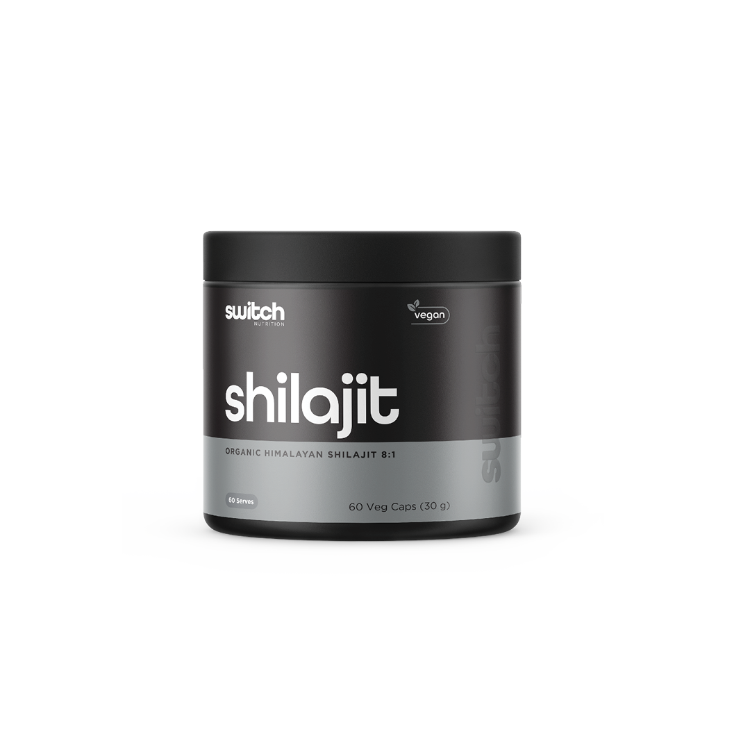 Switch Nutrition Shilajit Organic Himalayan Shilajit 8:1 30g (60 Veg Caps) - Vegan-friendly supplement designed to support energy, vitality, and overall health. Comes in a black container