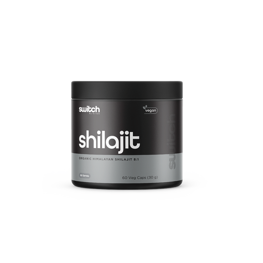 Switch Nutrition Shilajit Organic Himalayan Shilajit 8:1 30g (60 Veg Caps) - Vegan-friendly supplement designed to support energy, vitality, and overall health. Comes in a black container