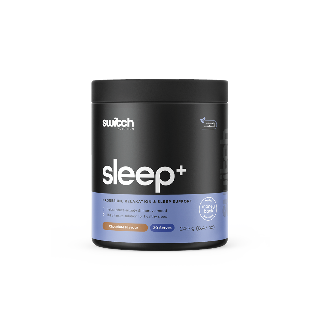 Switch Nutrition Sleep+ Magnesium, Relaxation & Sleep Support Supplement in Chocolate Flavor, 240g (30 Serves). Helps reduce anxiety, improve mood, and promote healthy sleep. Black container with a minimalist design.