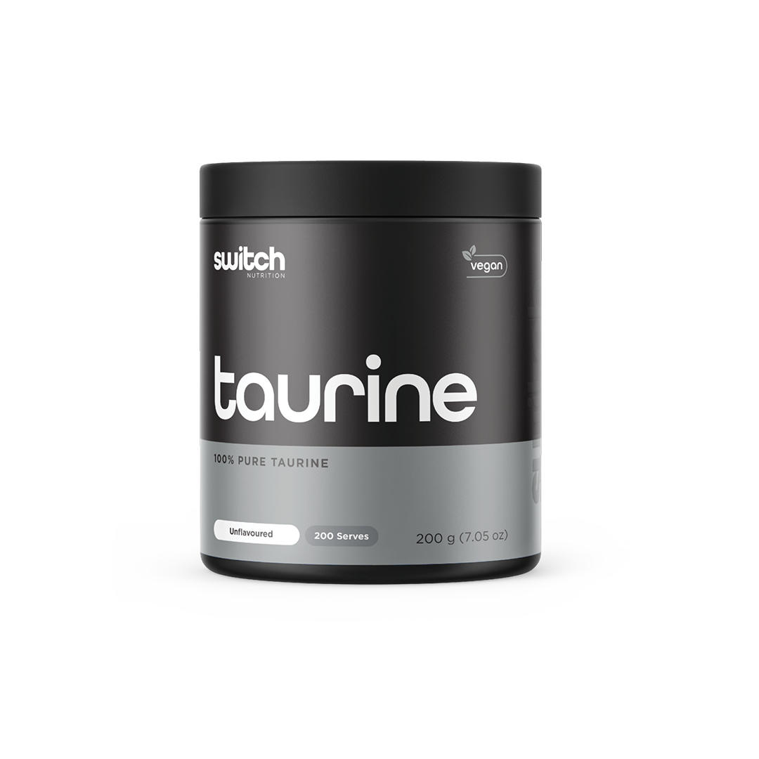 Container of Switch Nutrition's vegan Taurine supplement, stating 100% pure taurine with 200 servings in a 200g jar, unflavored, highlighting dietary inclusivity and purity.
