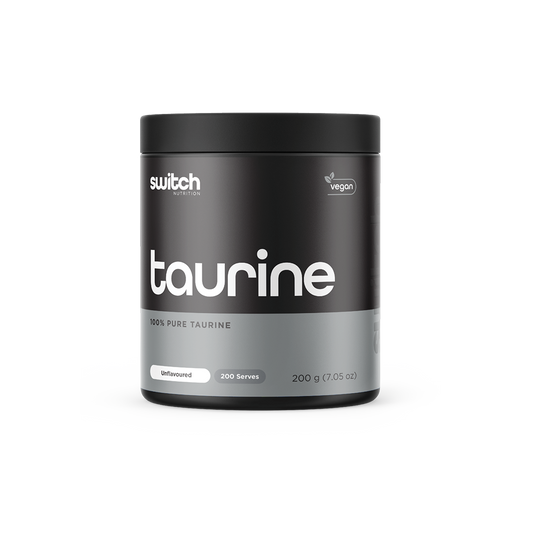 Container of Switch Nutrition's vegan Taurine supplement, stating 100% pure taurine with 200 servings in a 200g jar, unflavored, highlighting dietary inclusivity and purity.