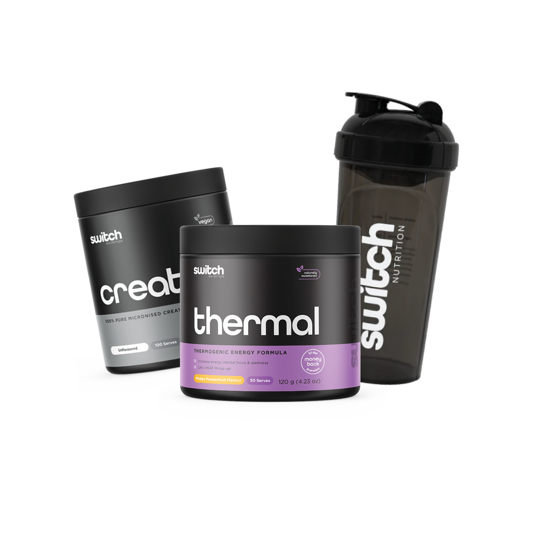 Switch Nutrition bundle featuring Thermal Switch thermogenic energy formula in Raspberry Passionfruit flavor, 100% pure micronised creatine powder in an unflavoured variant, and a branded Switch Nutrition black shaker bottle. This stack is designed to support energy, mental focus, and enhanced workout performance.