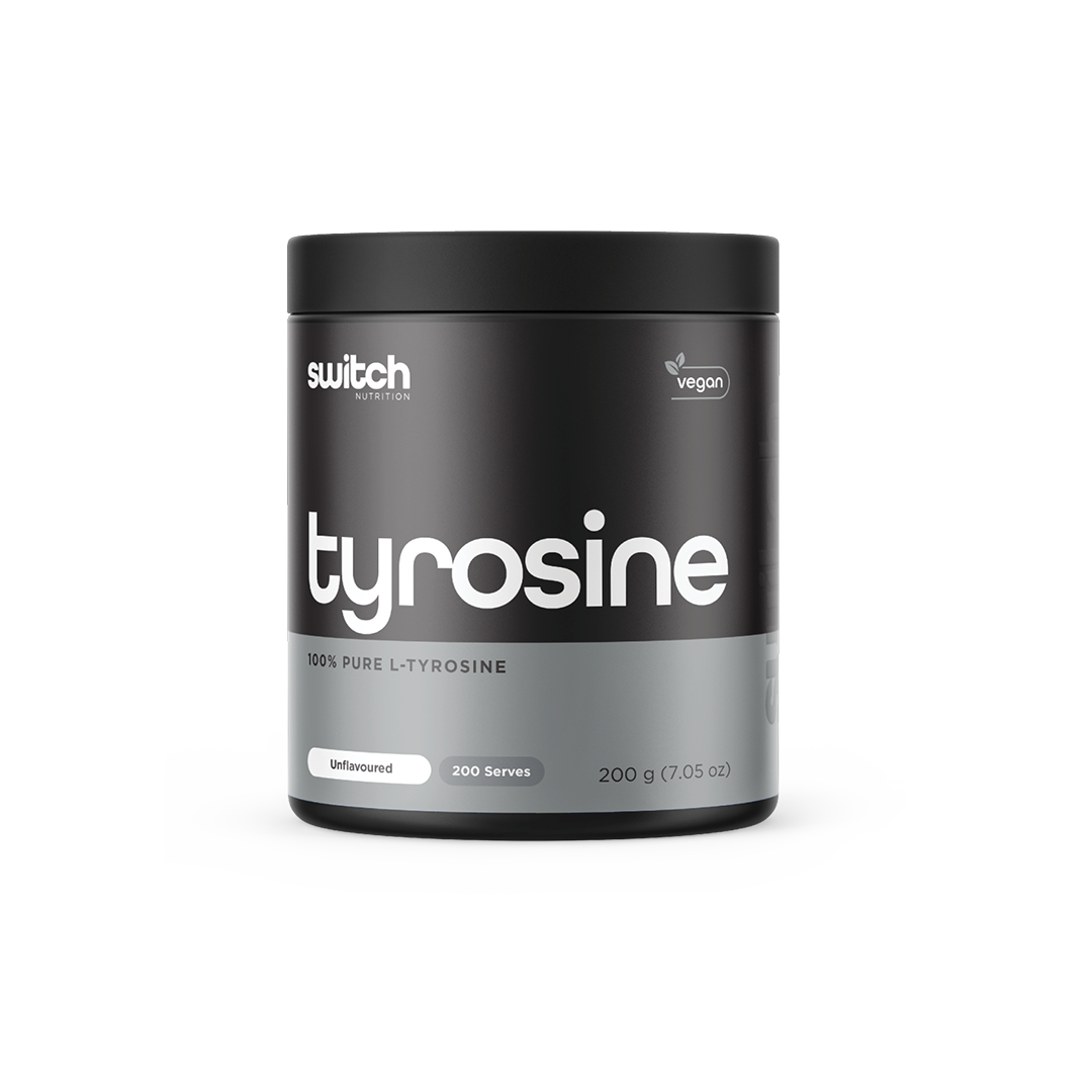 Close-up of a Switch Nutrition supplement container labeled 'tyrosine' with the text '100% Pure L-Tyrosine,' marked as vegan, unflavored, offering 200 servings in a 200g package.