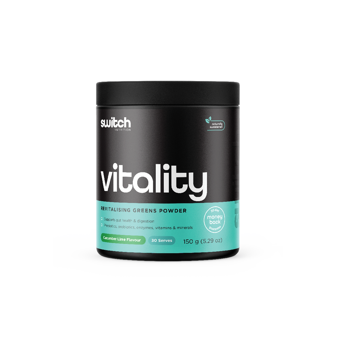 Vitality Switch 30 Serves - Revitalising Greens Powder in Cucumber Lime Flavour by Switch Nutrition. Supports gut health and digestion with prebiotics, probiotics, enzymes, vitamins, and minerals. 150g container with 30-day money-back guarantee.