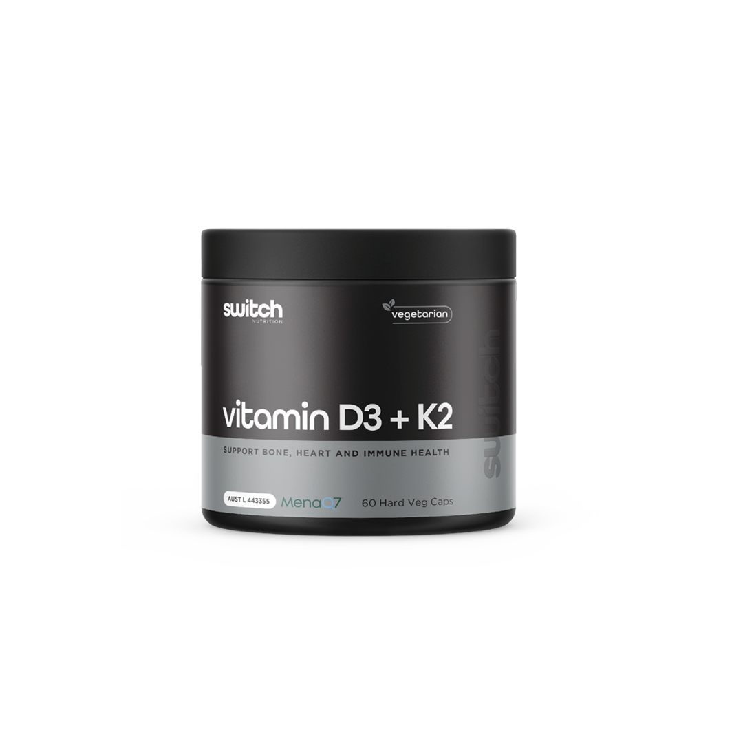 Switch Nutrition Vitamin D3 + K2 Support Bone, Heart and Immune Health 60 Hard Veg Caps - Vegetarian-friendly supplement designed to support bone, heart, and immune health. Contains MenaQ7 and comes in a black container