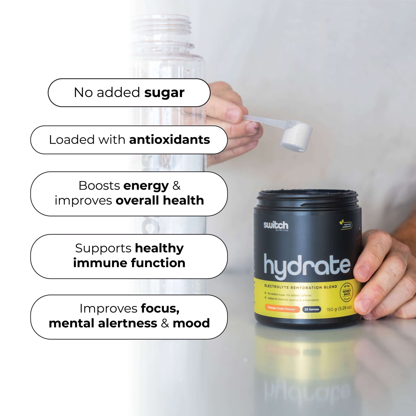 Scoop pouring Switch Nutrition Hydrate powder, highlighting no added sugar and loaded with antioxidants for health benefits.