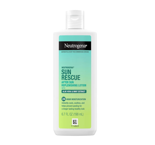 Neutrogena Sun Rescue After Sun Replenishing Lotion with Aloe Vera, Mint Extract, & Vitamin E, 24-Hour Moisture for Healthy Glow for Sensitive Skin, Vegan, Non-Comedogenic Lotion, 6.7 oz