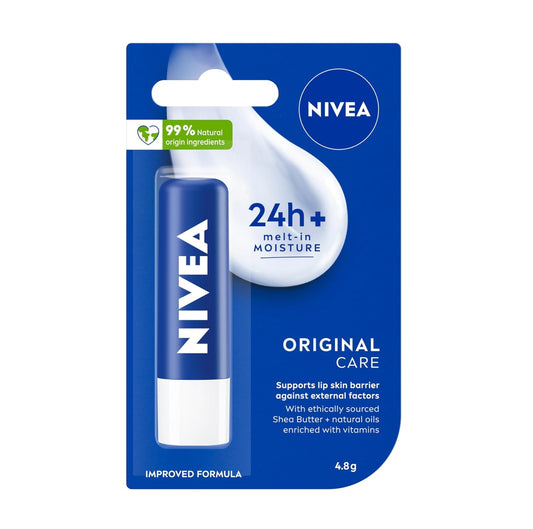 NIVEA Lip Balm Original Care 4.8g, Protective Lip Moisturiser with Shea Butter and Natural Oils, Caring Lip Balm for 24h Moisture Care, Lip Care with Melt-In Formula
