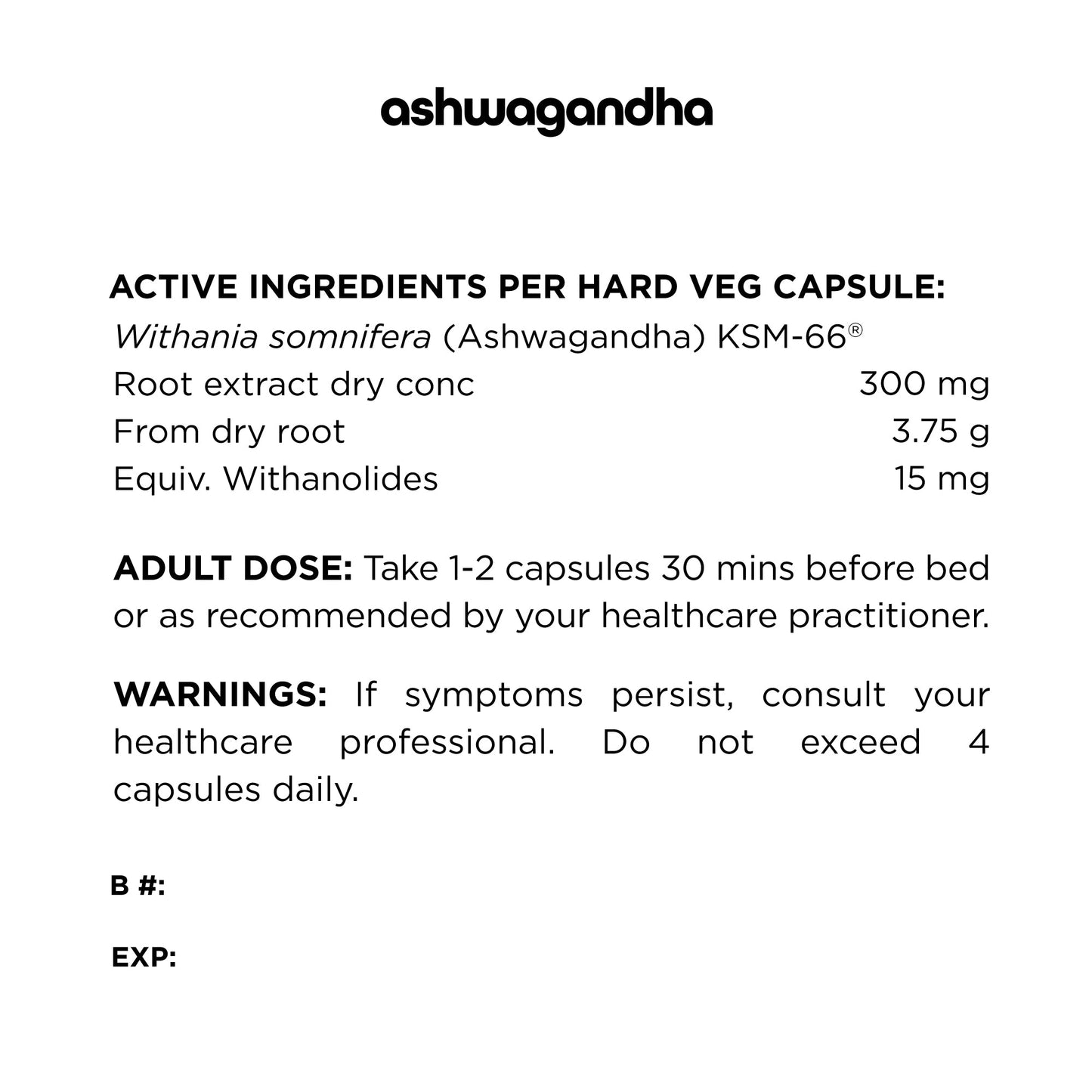 Nutrition inforamtion panel for the Switch Nutrition Ashwagandha capsule.
